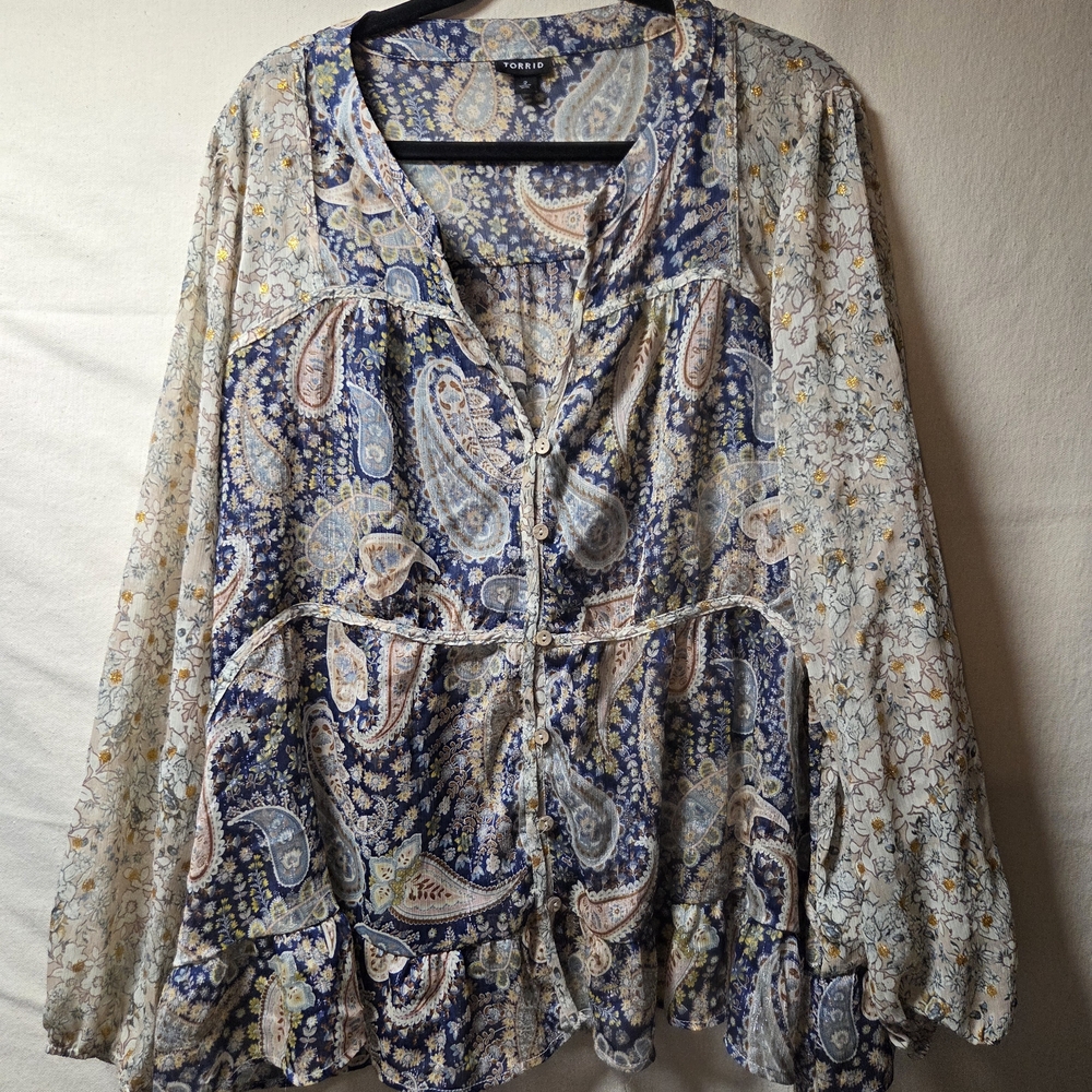Torrid Blue and Cream Paisley Blouse